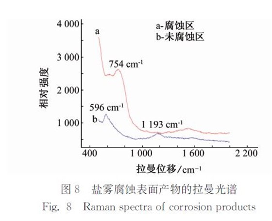 图8 盐雾腐蚀表面产物的拉曼光谱 图8 盐雾腐蚀表面产物的拉曼光谱