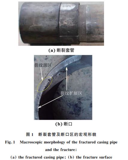 图1 断裂套管及断口区的宏观形貌 图1 断裂套管及断口区的宏观形貌